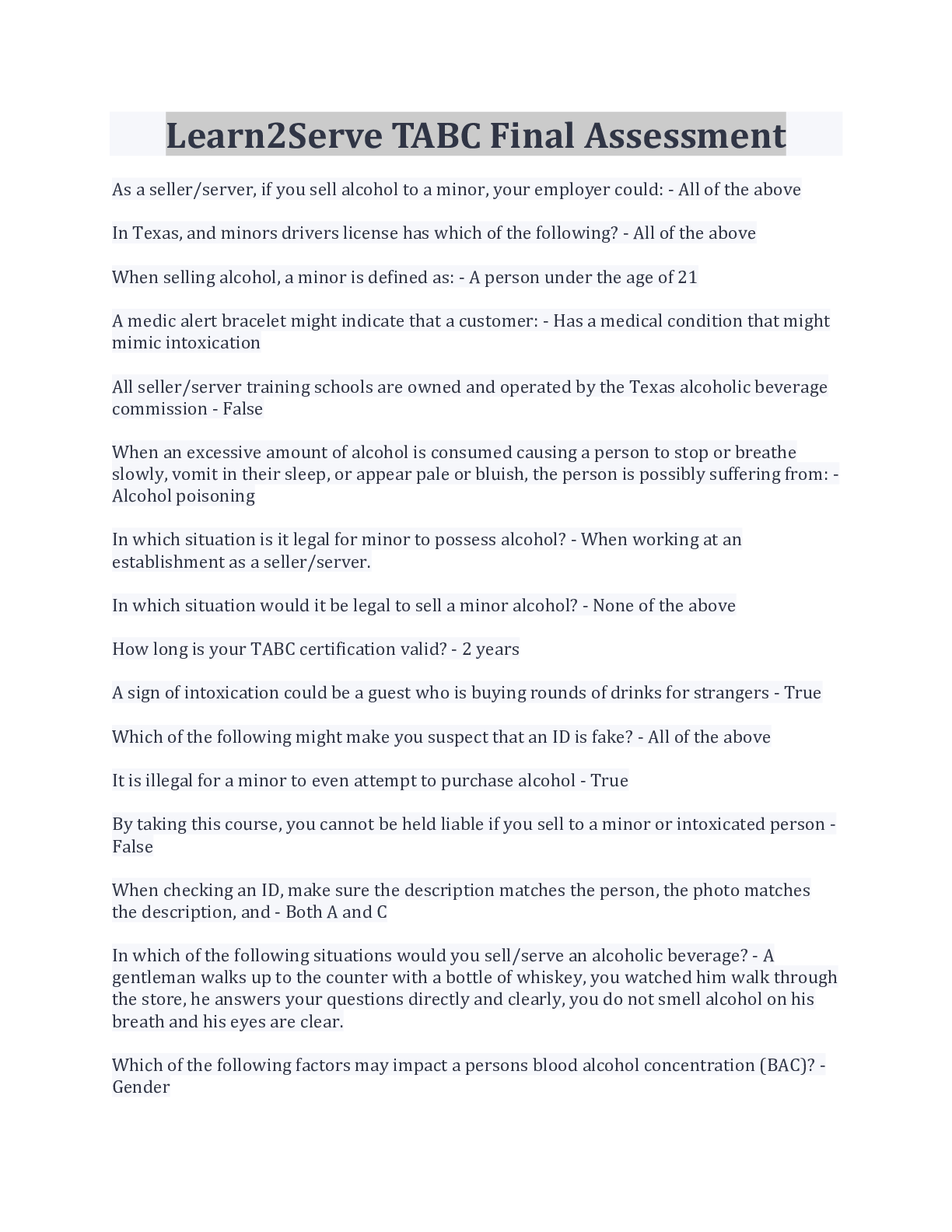 Preview image for Learn2Serve TABC Final Assessment 100% Correct